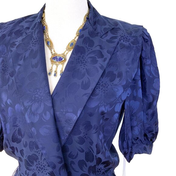 New Vintage Argenti Silk Floral Jacquard  Navy/Purple Peplum Blouse Size 8 - Picture 15 of 16